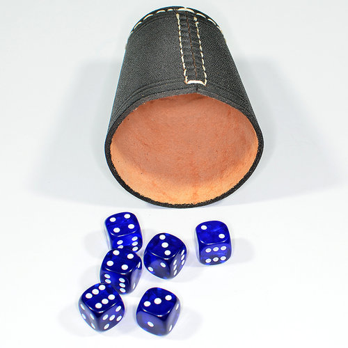 Würfelbecher Knobelbecher Schwarz Leder Würfel 15mm Transparent Blau
