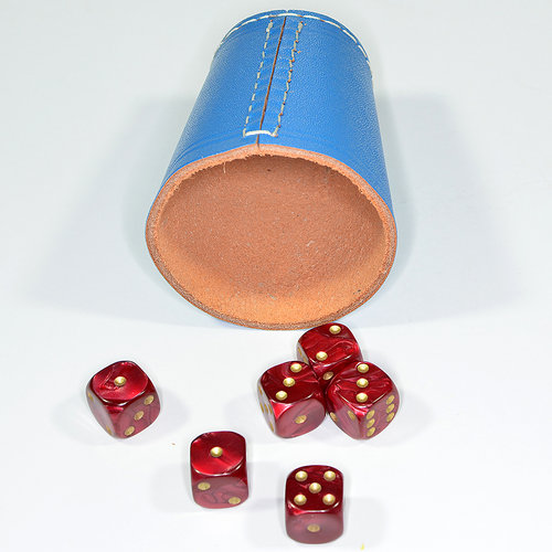 Würfelbecher Knobelbecher Blau Leder Würfel 16mm Perlmutt Rot